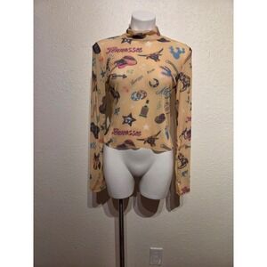 Nylon Apparel Nashville Tennessee Western Mesh Mock Neck Top Tan Long Sleeve L